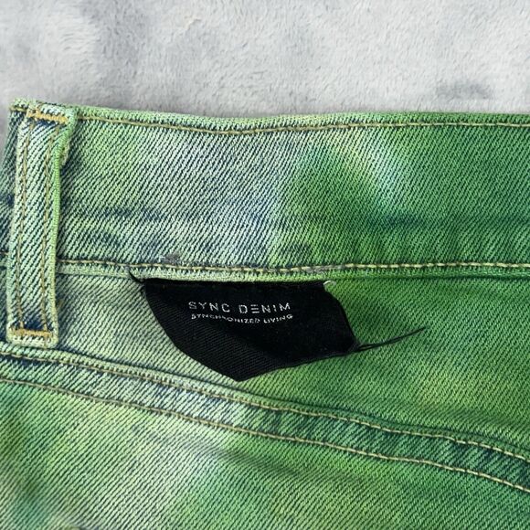 Sync Denim Jeans Mens Size 34 Green Tie Dye Distressed Skinny Jeans - Picture 7 of 16